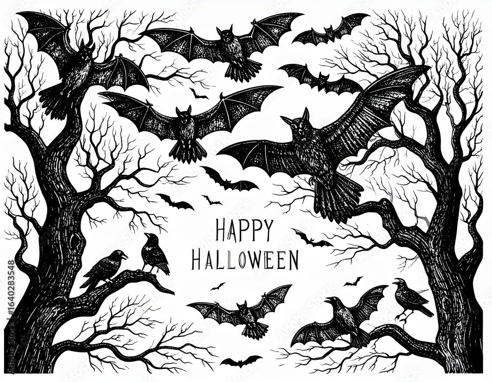 Obraz premium Spooky Halloween Illustration with Bats and Trees Happy Halloween