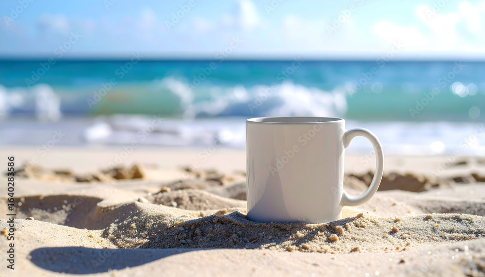 Ceramic Mug Resting on Sandy Beach with Gentle Waves and Bright Blue Sky Ceramic Mug Resting on Sandy Beach with Gentle Waves and Bright Blue Sky