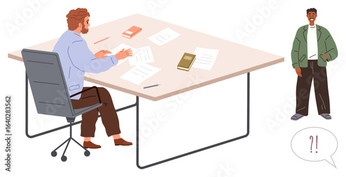 Man writing at desk with scattered papers, books, pens while another observes with surprised gesture. Ideal for miscommunication, workplace dynamics, confusion, brainstorming, administration