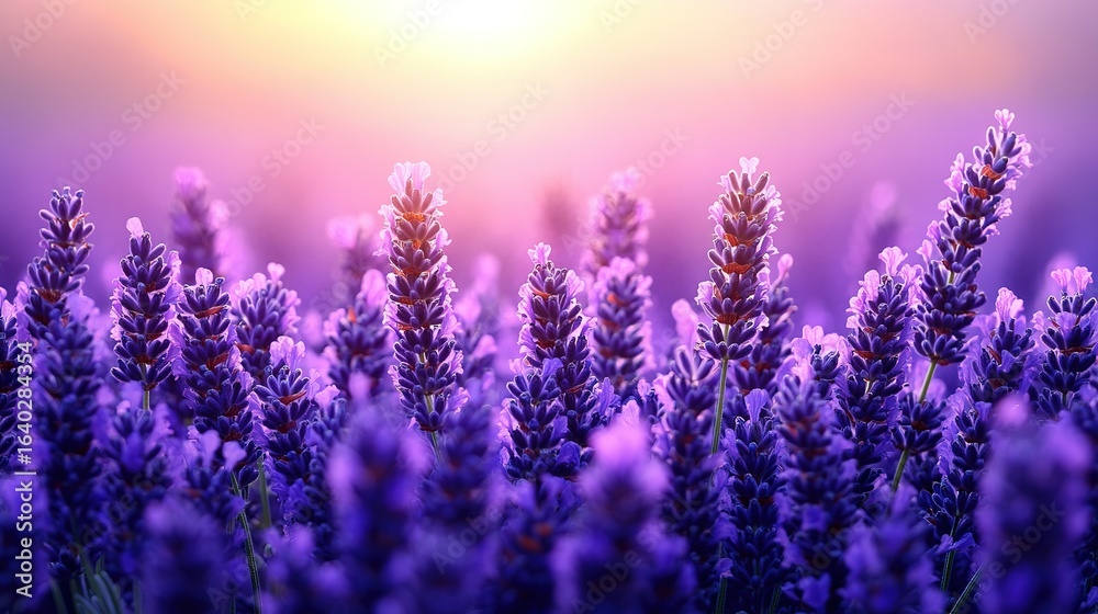 Naklejka premium Field of purple flowers in bloom with a soft light background.