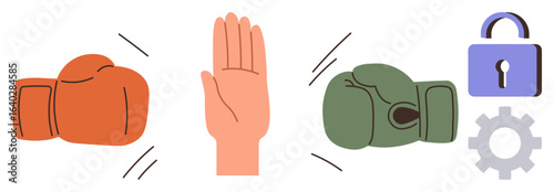 Red and green boxing gloves confront a raised hand stopping in action, accompanied by lock and gear icons. Ideal for conflict resolution, teamwork, protection, negotiation, balance, self-control