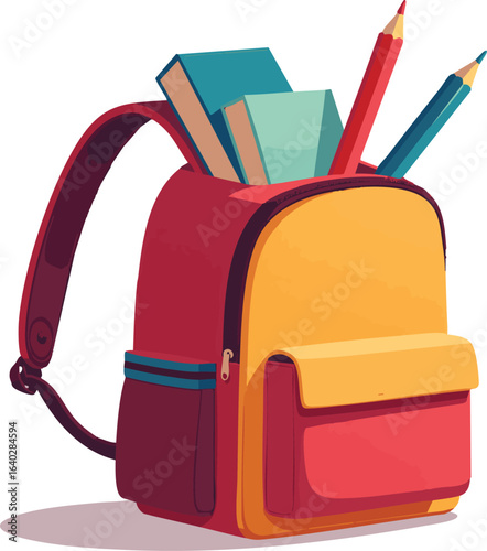3d illustration of a red school bag with school supplies and a handle, perfect for a trip or summer vacation
