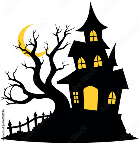 Haunted Halloween mansion with bats and pumpkins on a spooky night with a full moon