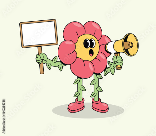 Communicative Flower Character Announcing with a Megaphone and Blank Sign