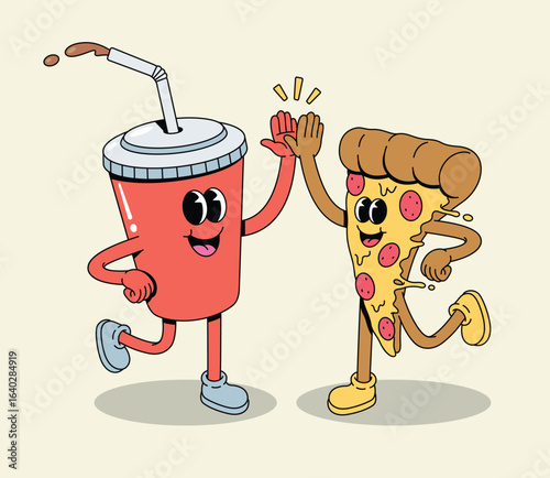 Happy cartoon soda cup and pizza slice characters high-fiving and running together, symbolizing fast food friendship