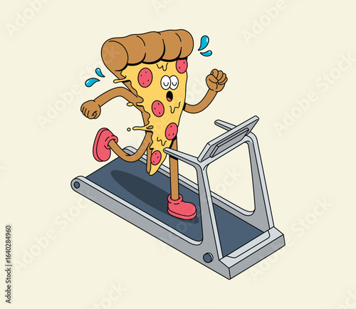 Energetic cartoon pizza slice character running on a treadmill, engaging in a healthy workout