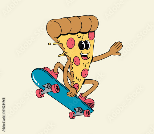 Energetic cartoon pizza slice character skateboarding and doing a trick, showcasing youthful activity