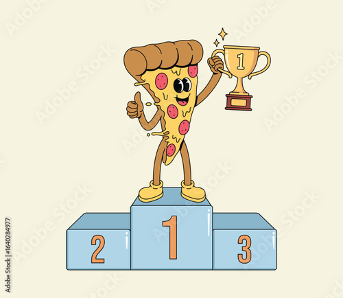 Happy Pizza Slice Character Holding Gold Trophy on Winner's Podium, Cartoon Illustration