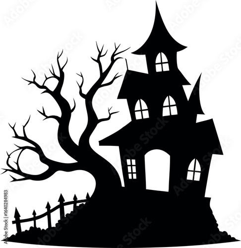 A spooky haunted castle silhouette with bats flying around on a dark Halloween night