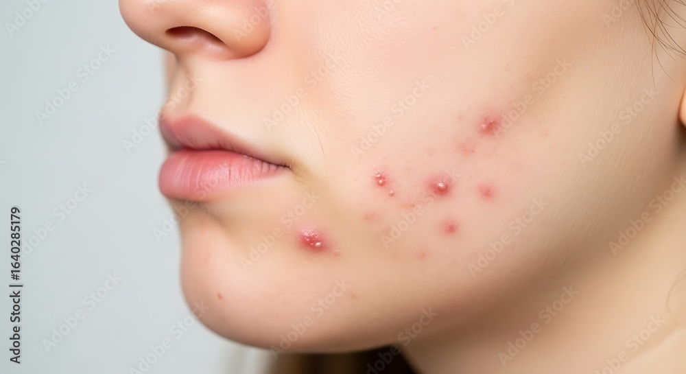 Fototapeta premium Clinical CloseUp of Inflamed Acne Pimples on a Womans Cheek and Jawline.