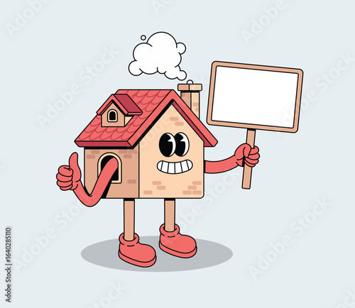 Smiling cartoon house character holding a blank sign board and giving a thumbs up, ready for a message