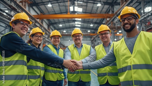 A group of factory workers in hard hats and safety vests shaking hands in a warehouse environment