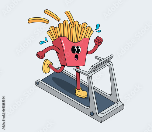 Energetic Cartoon French Fries Character Running on a Treadmill