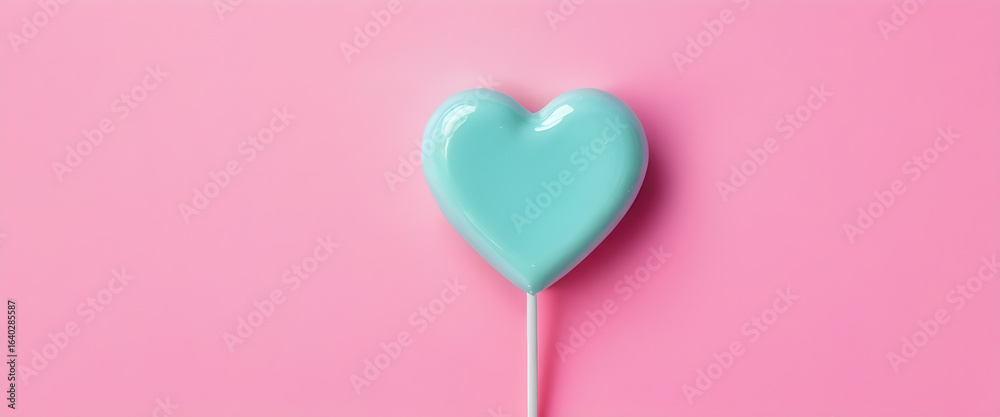 Fototapeta premium Shiny mint heart lollipop on pink. Close up of glossy candy. Minimal mint heart candy. Pink background. Bright mint lollipop for love. Isolated on pink background.