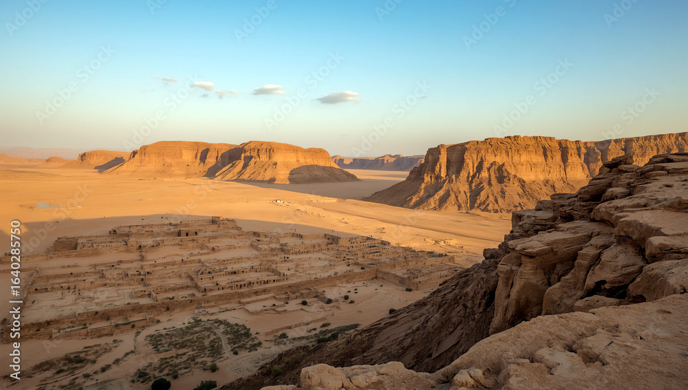 Naklejka premium A scenic desert canyon landscape with rocky cliffs and mountains under a clear sky