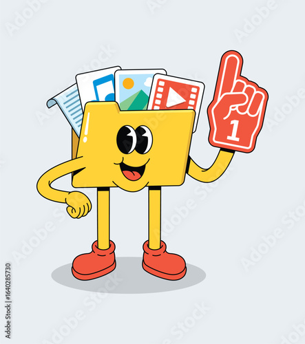 Confident Cartoon Folder Mascot Holding Number One Foam Finger with Files