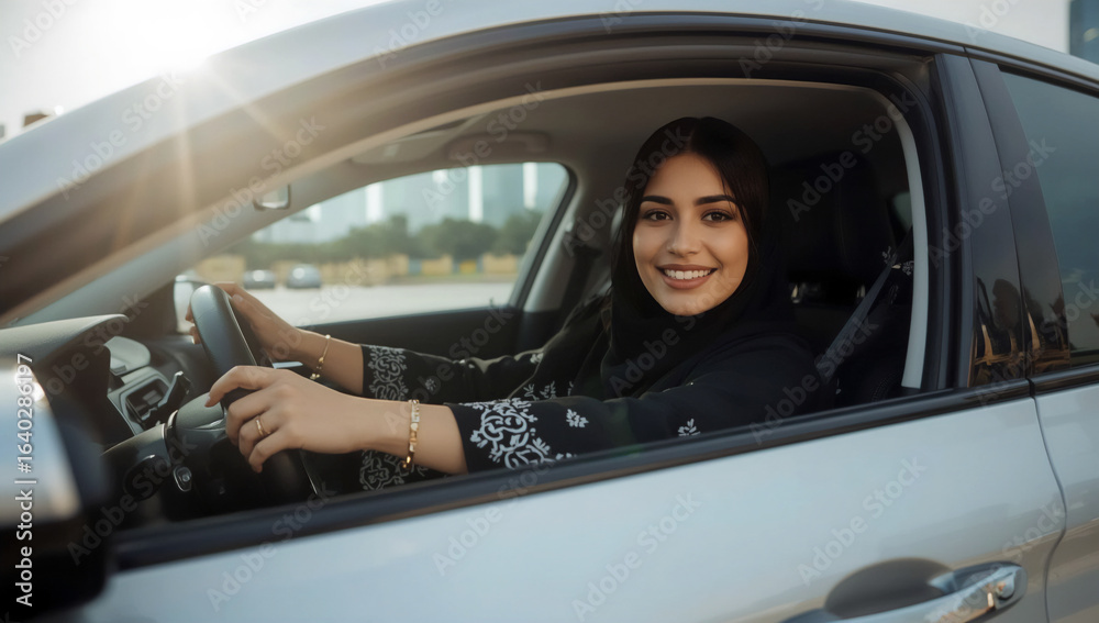 Fototapeta premium Smiling arab woman driving a car with sun shining through the window