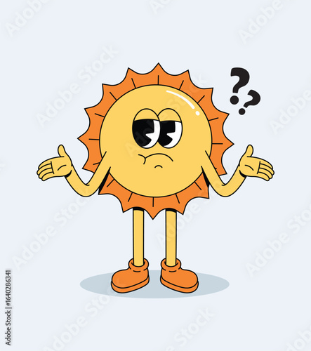 Retro Cartoon Sun Character Shrugging Shoulders with Question Marks