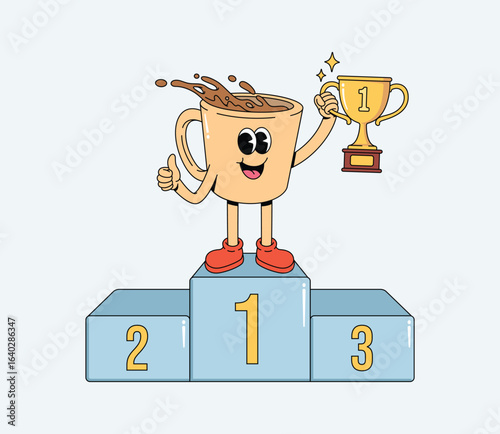 Groovy Cartoon coffee cup character celebrating victory on podium with gold trophy and thumbs up, happy success concept