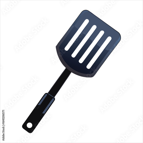 Black slotted spatula kitchen utensil isolated on white background
