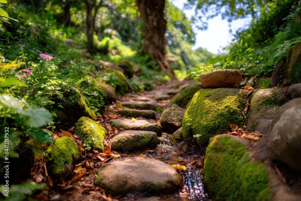 Tranquil Pathway Through Lush Green Forest with Mossy Stones and Sparkling Stream in Sunlit Nature Setting for Peaceful Outdoor Imagery Tranquil Pathway Through Lush Green Forest with Mossy Stones and Sparkling Stream in Sunlit Nature Setting for Peaceful Outdoor Imagery