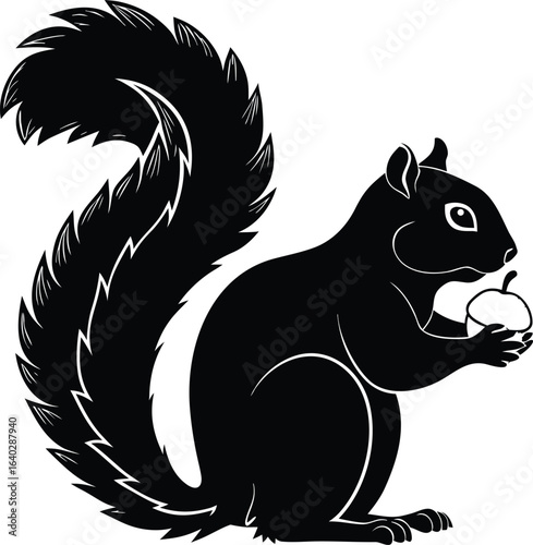 Bushy tailed squirrel holding an acorn in both paws silhouette