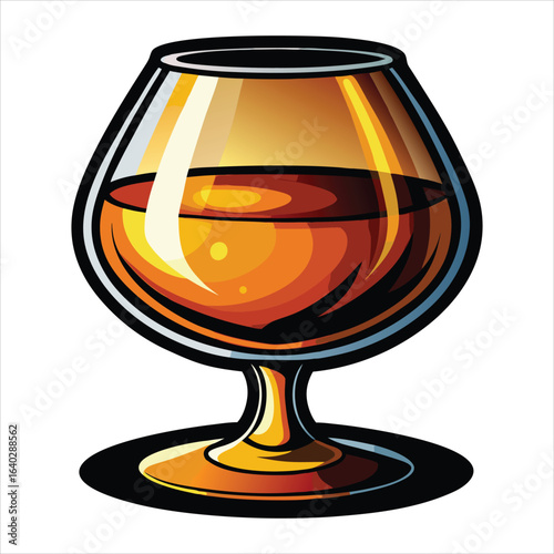 Glass of amber colored brandy or whiskey isolated on white background
