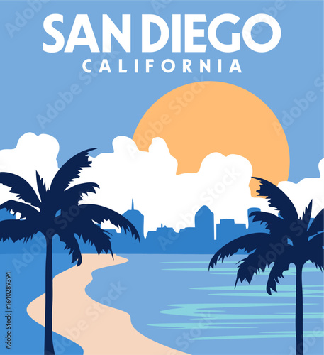 San Diego California with beautiful natural scenery and palm tree silhouettes