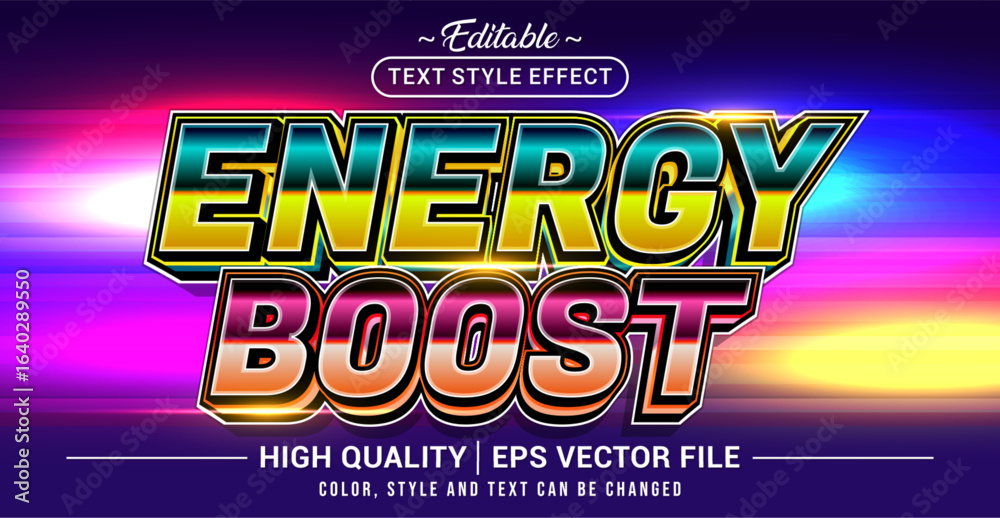 Fototapeta premium Editable text effect vector themed “Energy Boost”. Bold, vibrant, and dynamic style perfect for sports events, gaming titles, fitness promotions, and energetic branding.