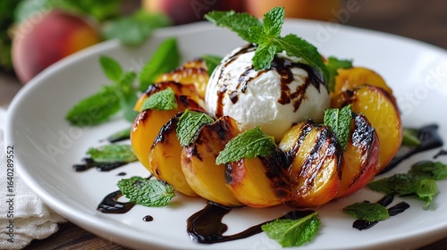 Grilled peaches with ice cream, mint, and balsamic glaze on a white plate