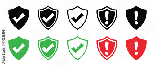 Safety Shield Icons Security and Protection Symbols with Check Mark and Exclamation Sign