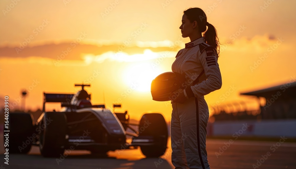 Fototapeta premium A female race car driver in a racing suit holds her helmet, with a formula one car in the background at sunset.