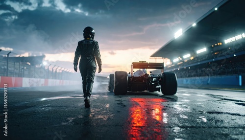 A female race car driver walks away from her Formula One car on a wet racetrack at sunset.