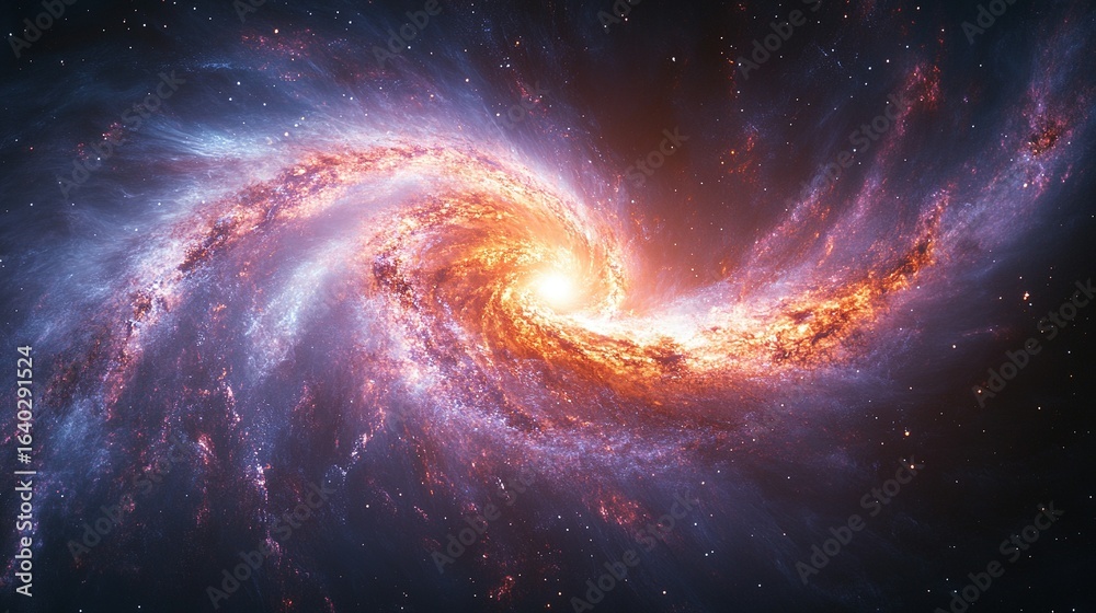 Obraz premium Spiral galaxy with bright center and swirling arms in deep space.