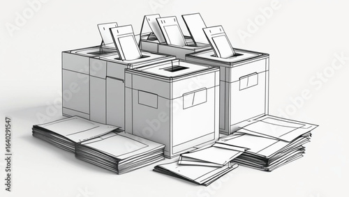 Multiple ballot boxes with papers and stacks of ballots on white background voting election
