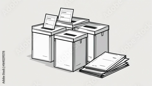 Multiple ballot boxes with papers and voting slips on a light gray background election
