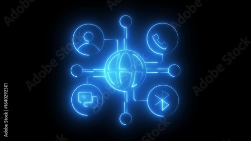 Wallpaper Mural "Futuristic Glowing Neon Communication Network – Digital Globe with Social Media and Multimedia Icons Animation on Black Background" Torontodigital.ca