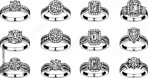 diamond studded engagement rings vector set, wedding ring symbolizing love and commitment. Variety of designs, from classic solitaires to intricate patterns