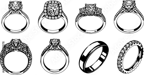 diamond studded engagement rings vector set, wedding ring symbolizing love and commitment. Variety of designs, from classic solitaires to intricate patterns