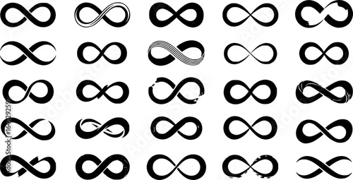 Infinity symbol, loop icon, cycle designs in black and color variations. Perfect for endless concepts, continuity, repetition, and abstract shapes. Ideal for graphic elements and mathematical represen