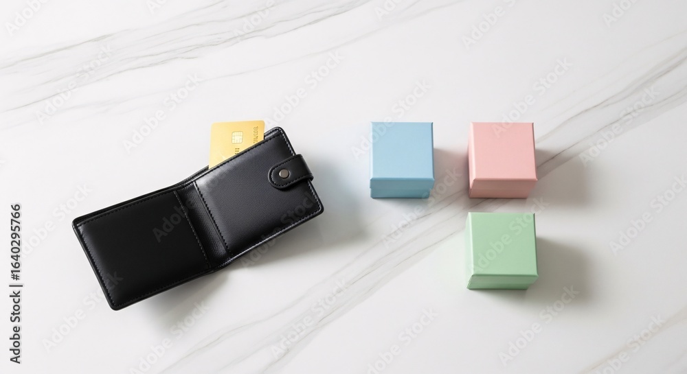 Obraz premium A black leather wallet with a credit card and three pastel colored boxes on a marble surface