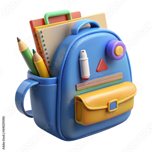 Bright blue backpack filled with colorful school supplies including pencils notebooks and a small bottle on a black background