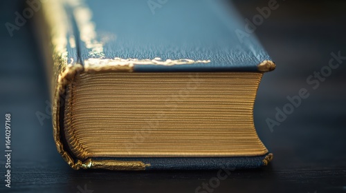 A close-up view of a beautifully bound book with gilded edges, resting on a dark surface, showcasing its rich texture and craftsmanship.