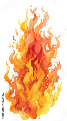 Bright orange and yellow fire flames rising on transparent background.