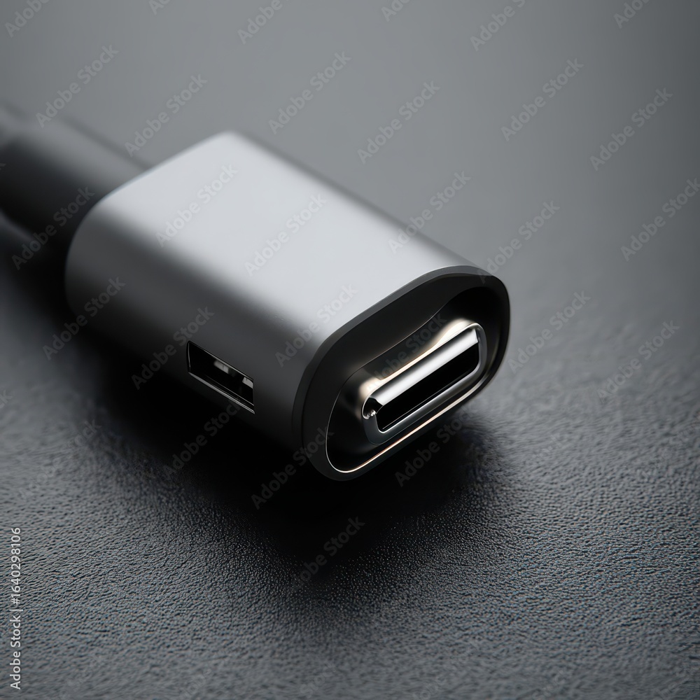 Fototapeta premium Close-up of a Gray USB-C Adapter on a Textured Black Surface