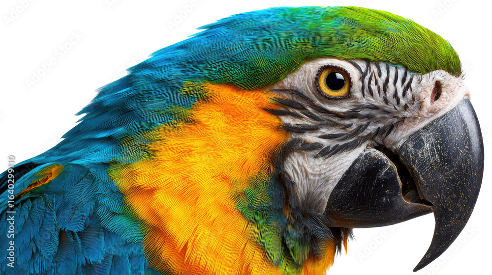 Obraz premium Vibrant Macaw Portrait: A close-up shot captures the exotic beauty of a macaw, showcasing its stunning blend of colorful feathers, a powerful beak, and a captivating eye.