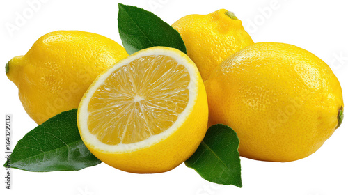 Zesty Lemon Arrangement: An arrangement of ripe, juicy lemons is showcased, a half-cut fruit revealing its vibrant pulp, accompanied by fresh green leaves for a refreshing, bright composition.