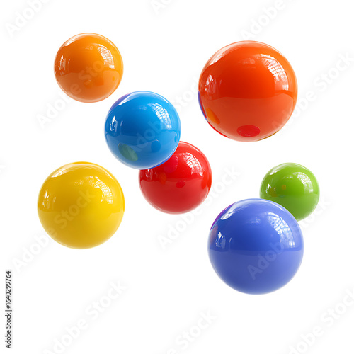 Colorful floating spheres in blue, orange, pink on transparent background.