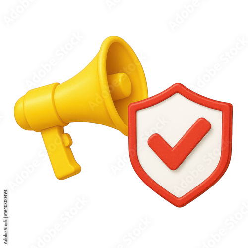 3d icon of a yellow megaphone and a shield with a red check mark represent security and reliable communication isolated on transparent background