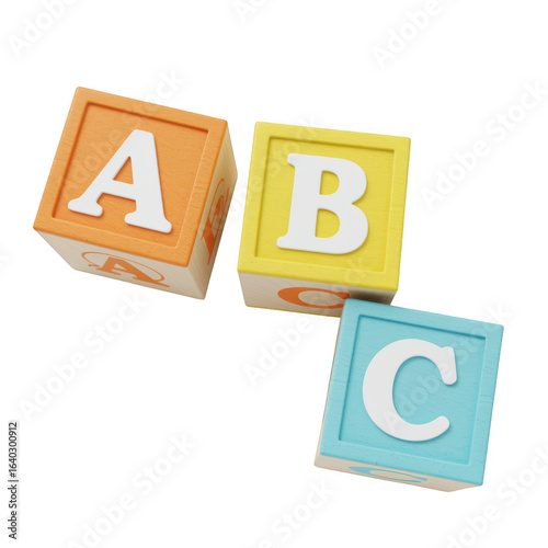 Three abc alphabet blocks forming the beginning of the alphabet isolated on transparent background